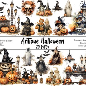Antique Halloween Clipart Bundle, Vintage Halloween Graphics - PNG with transparent background for commercial use