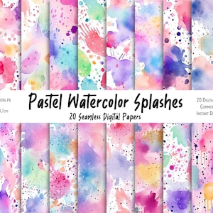20 Pastel Watercolor Splashes, Seamless Digital Paper Bundle, Seamless Background, Watercolor Texture  - Instant Download, Commercial Use