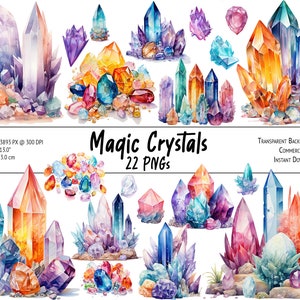 Magic Crystal Clusters: Watercolor Clipart Bundle - PNG with transparent background for commercial use