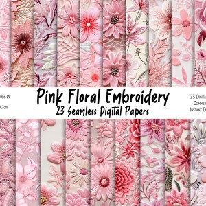 Pink Floral Embroidery Seamless Pattern Bundle, Sublimation Pattern, Printable Paper, Fabric Printing, Scrapbook Paper, Commercial Use