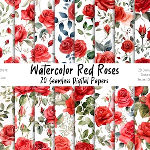 20 Watercolor Red Roses Seamless Digital Papers, Floral Watercolor, Watercolor Flowers, Wrapping Paper, Printable Paper, Digital Background