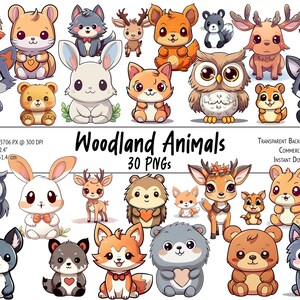 Illustrierte Waldtiere Clipart Bundle, süße Kawaii Style Anima PNG Grafiken für Druck, Sublimation, digitale Designs, kommerzielle Nutzung