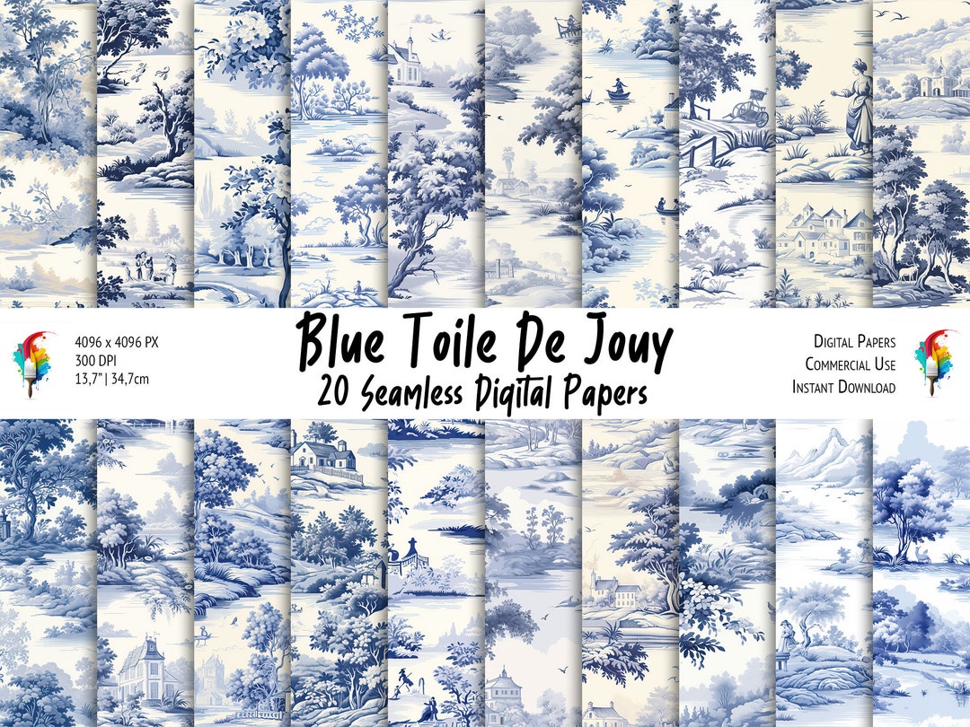 Seamless Toile De Jouy Digital Paper Bundle, Blue Toile Pattern for ...