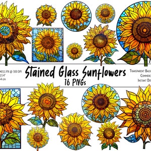 Stained Glass Sunflower Clipart Bundle, Sunflower PNG Graphics for Printing, Sublimation, Digital Designs and more - Commercial Use