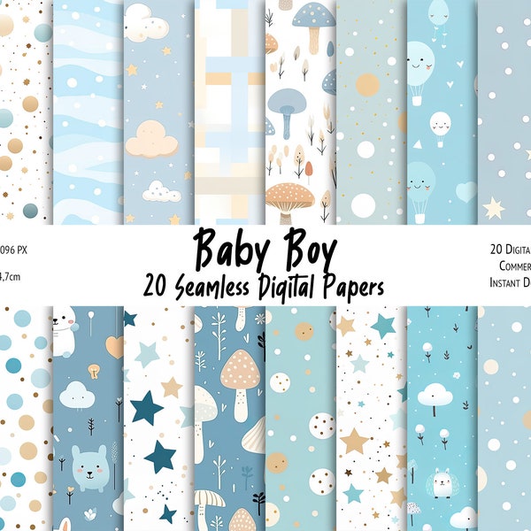 20 Baby Boy Digital Papers Bundle, Seamless Nursery Pattern, Baby Boy Nursery, Printable Paper Pack, Baby Shower - Commercial Use