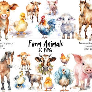 20 Farm Animals Clipart Bundle, Watercolor Clipart Bundle, Cute Animals Clipart, Watercolor Farm - PNG, Instant Download, Commercial Use