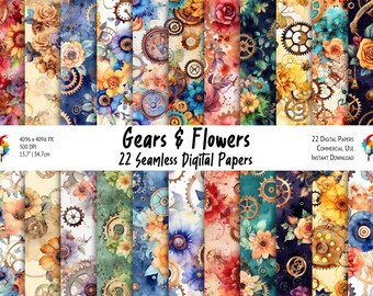 Gears & Flowers, 22 Seamless Digital Papers Bundle, Printable Paper, Wrapping Paper, Scrapbook Paper, Digital Backdrop, Commercial Use