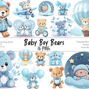Baby Boy Teddy Bears Clipart Bundle for Printing and Sublimation, Nursery Decor, Baby Shower - PNG, Transparent Background, Commercial Use