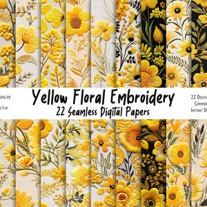 Yellow Floral Embroidery Seamless Pattern Bundle, Digital Paper, Faux-Embroidery Seamless, Sublimation, Fabric Printing - Commercial Use