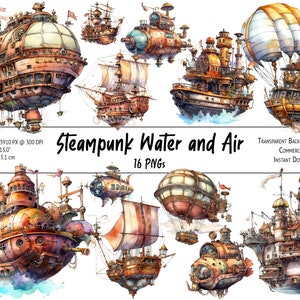 16 Steampunk Water and Air Vehicles Clipart Bundle, Watercolor Steampunk Fantasy Graphics Bundle - PNG, Instant Download, Commercial Use