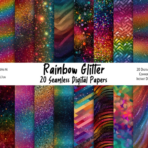 20 Rainbow Glitter Seamless Digital Papers, Rainbow Sparkle Paper, Rainbow Wrapping Paper, Scrapbook Paper, Instant Download, Commercial Use