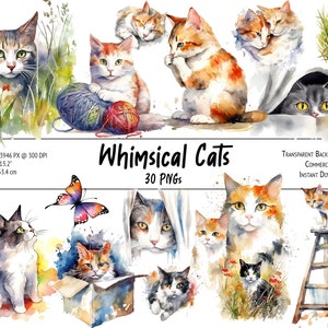 Gatti stravaganti - 30 bundle di clipart di gatti ad acquerello, clipart felini, bundle di grafica gattino - PNG, download istantaneo, uso commerciale