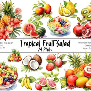 24 Tropical Fruit Cliparts, Fruit Salad, Watercolor Clipart, Summer Food, Watercolor Fruits - PNG, Instant Download, Commercial Use