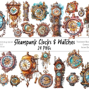 Pacote de clipart de relógios e relógios Steampunk em aquarela, pacote de gráficos Steampunk Fantasy PNG para impressão, sublimação, ... - Uso comercial