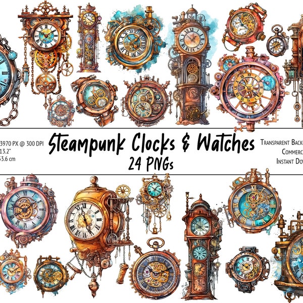 Watercolor Steampunk Clocks & Watches Clipart Bundle, Steampunk Fantasy PNG Graphics Bundle for Printing, Sublimation, ... - Commercial Use