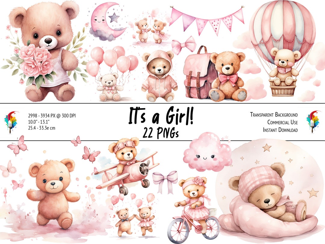 22 Watercolor Teddy Bear Clipart Bundle, Baby Girl Clipart, Baby Shower ...