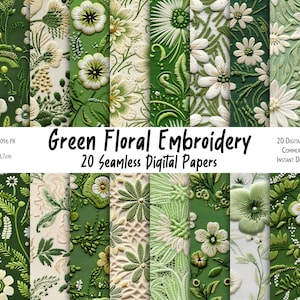 Green Floral Embroidery Seamless Pattern Bundle, Digital Paper, Faux-Embroidery Seamless, Sublimation, Fabric Printing - Commercial Use