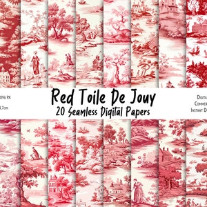 Paquete de papel digital Toile De Jouy sin costuras, patrón Toile rojo para impresión, sublimación, scrapbooking, diseños digitales - Uso comercial