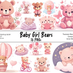 Baby Girl Teddy Bears Clipart Bundle pour l’impression et la sublimation, décor de chambre d’enfant, baby shower - PNG, fond transparent, utilisation commerciale