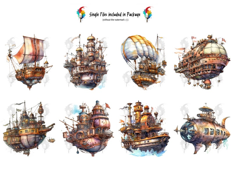16 Steampunk Water and Air Vehicles Clipart Bundle Watercolor Etsy