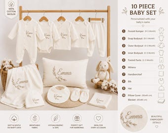 Personalisiertes Babygeschenkset mit 10-teiligem Mullwindel-Set für Neugeborene mit Namen, personalisierte Babykleidung, Outfit für die Heimreise, Geschenk zur Babyparty