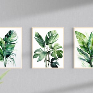 Set Of 3, Botanical Wall Art, Monstera Leaf, Digital Wall Art, Plant Art, Canvas Prints, Minimalist, Watercolor, Nature Wall Art, Greenery