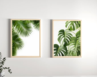 Könnte beinhalten: Zwei gerahmte Drucke von tropischen Blättern. Der Druck links zeigt eine Nahaufnahme von Palmblättern, während der Druck rechts eine Nahaufnahme von Monstera-Blättern zeigt.