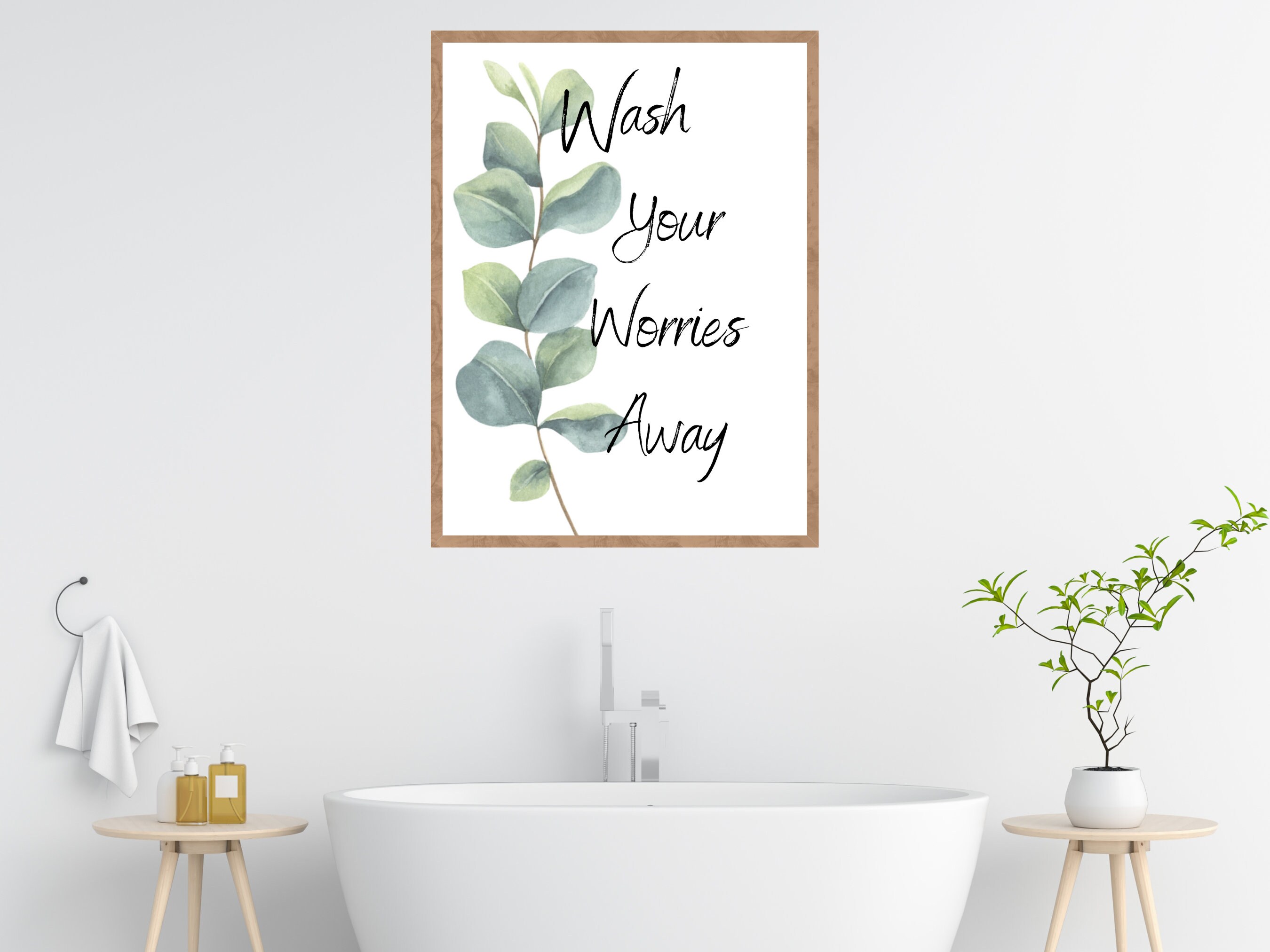 Bathroom Wall Decor Eucalyptus Print Wash Your Worries Away Etsy