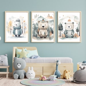Entzückendes Trio: 3er Set Niedliche Nordische Poster für Kinderzimmer Dekor | Druckbare Kunst für Kinderzimmer | Niedliche Tierfreunde | Deko | Quadratischer Rahmen