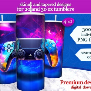 May include: Four digital designs for 20 and 30 ounce tumblers featuring a colorful, abstract background with a video game controller in the center. The designs are 300 DPI PNG files with seamless edges.  4in1.
