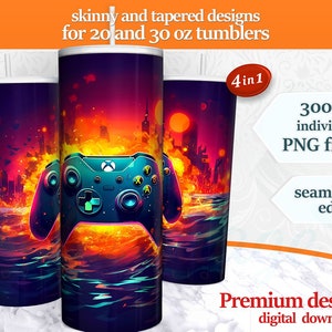 May include: Four digital designs for 20 and 30 ounce tumblers featuring a video game controller with flames and water. The designs are 300 DPI PNG files with seamless edges.  4in1.