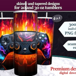 May include: Four digital designs for 20 and 30 ounce tumblers featuring a stylized video game controller with a neon glow against a fiery orange background. The designs are 300 DPI PNG files with seamless edges.  4in1.