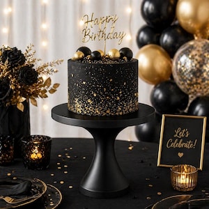 May include: A black birthday cake with gold sprinkles and a "Happy Birthday" cake topper sits on a black cake stand. The cake is surrounded by black and gold balloons, candles, and a sign that says "Let's Celebrate!"