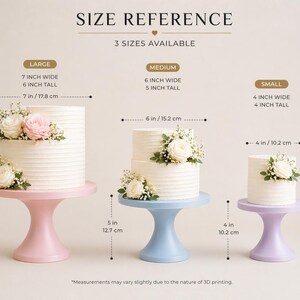 May include: Image showing three cake stands in different sizes: large (7 inches wide, 6 inches tall), medium (6 inches wide, 5 inches tall), and small (4 inches wide, 4 inches tall). Each stand supports a cake decorated with flowers. The stands are pink, blue, and purple.