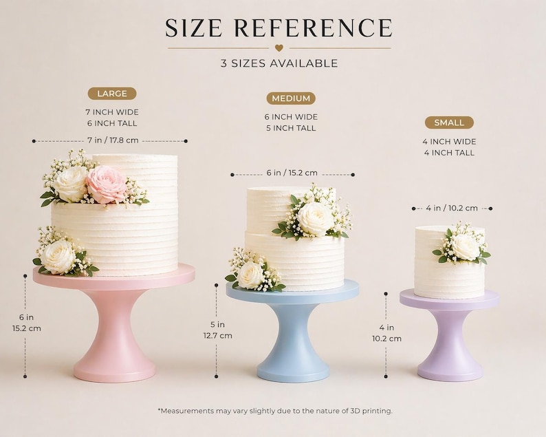 May include: Image showing three cake stands in different sizes: large (7 inches wide, 6 inches tall), medium (6 inches wide, 5 inches tall), and small (4 inches wide, 4 inches tall). Each stand supports a cake decorated with flowers. The stands are pink, blue, and purple.