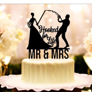 Hooked for Life Cake Topper | couple cake topper |Mr and Mrs  Cake topper |Rustic Cake topper| Wedding Cake Topper