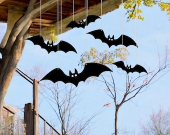 DIYDEC 12 Pipistrelli da appendere per Halloween, decorazioni con occhi luminosi, nero, 13,5 x 38 cm