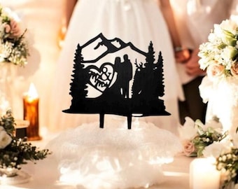 Personalized Mountain Wedding Cake Topper: Hand-Painted Rustic Silhouette