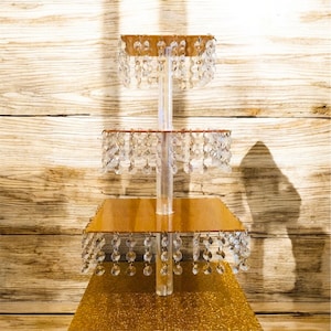 Gold Acrylic Cupcake Stand with Hanging Crystals - Tiered Dessert Display