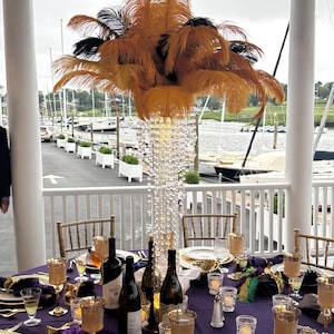 Feather Wedding Centerpiece: Gold, White, Black & Blue Tabletop Chandelier