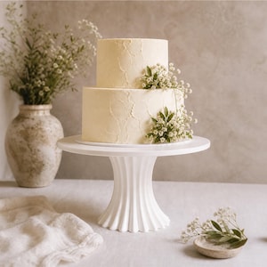 May include: A two-tiered, off-white cake with textured frosting on a white cake stand. The cake is decorated with small white flowers and greenery. A vase of flowers and small decorative bowls are also in the image.