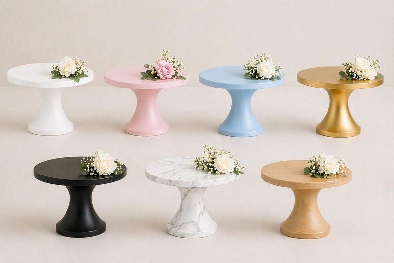 May include: A collection of small, decorative cake stands in various colors and materials. The stands include white, pink, blue, and gold painted finishes, as well as black, marble, and wood. Each stand is topped with a small floral arrangement.