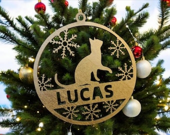 Custom Cat Christmas Ornament: Custom Pet Name, Wooden Xmas Decor