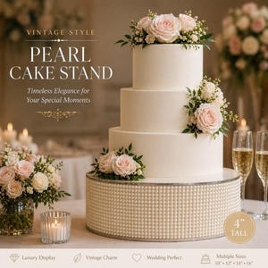 Puede incluir: Un soporte para pasteles redondo con una base blanca cubierta de pequeñas perlas blancas. El soporte sostiene un pastel blanco de cuatro niveles decorado con rosas de color rosa claro y follaje. El texto dice VINTAGE STYLE PEARL CAKE STAND y 4" TALL.