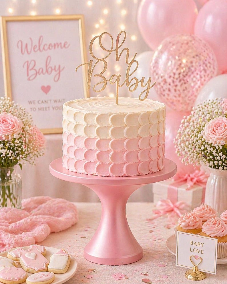 May include: A two-tiered cake with a pink and white ombre design, topped with a gold glitter "Oh Baby" cake topper. The cake sits on a pink cake stand, surrounded by pink balloons, flowers, and baby-themed cookies. A sign reads "Welcome Baby".