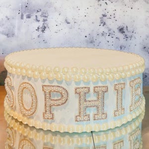 Personalized White Cake Stand: Faux Pearl Trim, Weddings & Birthdays