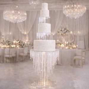 May include: A five-tiered white wedding cake with textured frosting, displayed on a clear, crystal-draped stand. The cake is the focal point of a bright, elegant event space, with chandeliers and tables in the background.