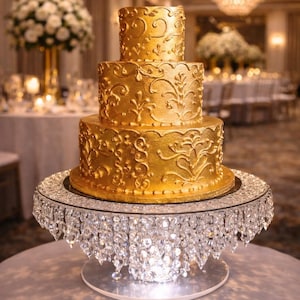 Soporte para tartas de cristal con espejo y luces de cadena