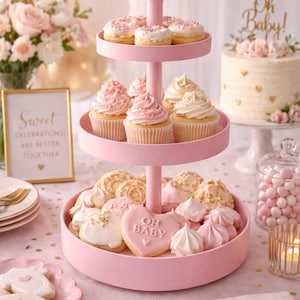 May include: A three-tiered pink serving stand holding assorted desserts including cupcakes, cookies, and small pastries. The bottom tier features a heart-shaped cookie with the text "OH BABY" and a small heart symbol printed on the surface.
