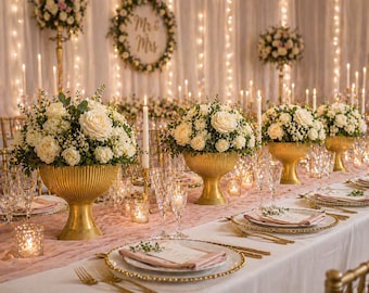 Gold Pedestal Vase, Cream White Floral Arrangement Option, Elegant Event Decor
